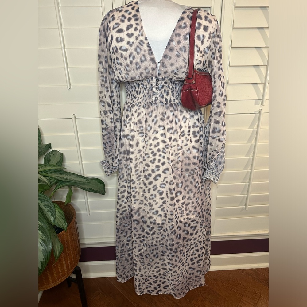 Leopard print maxi high low sheer front button long sleeved dress